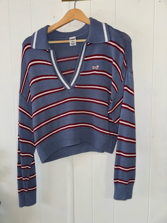 PINK Victoria's Secret Sweaters - PINK Striped V-Neck Collared Sweater with Embroidered Logo - Blue & Red